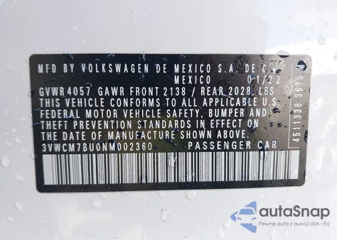 2022 Volkswagen Jetta 1.5T S z USA, uszkodzony, nr VIN 3VWCM7BU0NM002360